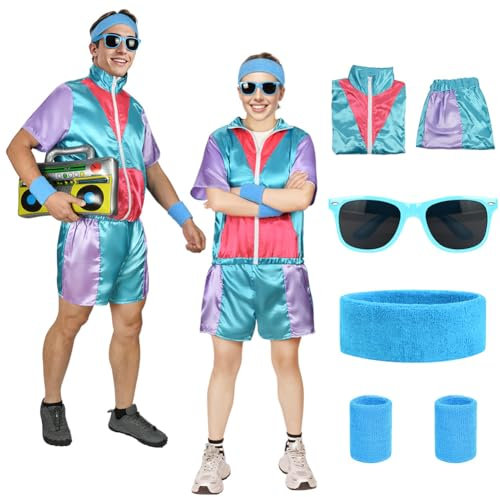 Aomig 90er 80er Jahre Kostüm Erwachsene Retro Trainingsanzug 6Pcs Disco Outfit mit Armband Kopftuch Sonnenbrille Kurzarmshirt Shorts Faschingskostüme 80er Party Bad Taste Mottoparty Karneval (Blau-M)