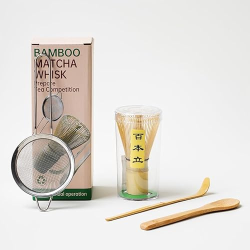 4-Piece Matcha Tea Tool Set – Handmade Bamboo Whisk, Scoop, Ceramic Whisk Holder & Tea Spoon – Japanese Matcha Accessories for Tea Lovers (No Sifter)