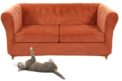Dehnbarer Samt-Sofabezug, Chesterfield-Schonbezug mit Sitzkissenbezügen, gebogener Couchschutz für Zweisitzer und 2 große Sitze (Orange)