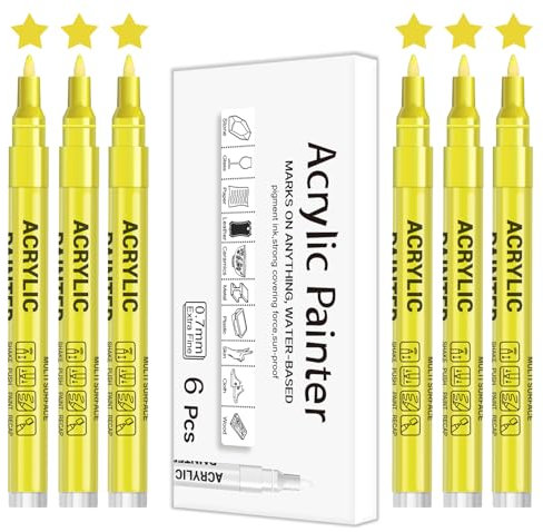 Alitastro Acrylic Paint Pens Waterproof Markers 6 Yellow Permanent Marker Pens Acrylic Pens for Rock Painting Glass Stone Ceramic Metal Fabric Pebble Painting pens Craft Supplies