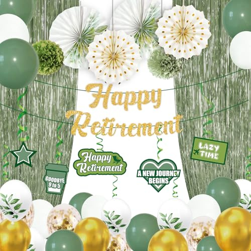 Retirement Party Decorations Sage Green Happy Retirement Banner Paper Fans Foil Curtains Hanging Swirls Tissue Pom Poms Balloons Decor