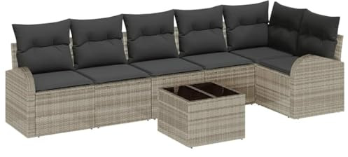 vidaXL 7-teiliges Garten-Sofa-Set mit Kissen | Modular in Grau aus Poly-Rattan, verstellbare Füße, ideal für Balkon oder Terrasse, leicht und im schwarzen Lounge-Luxus-Style, wetterfest für den Sommer