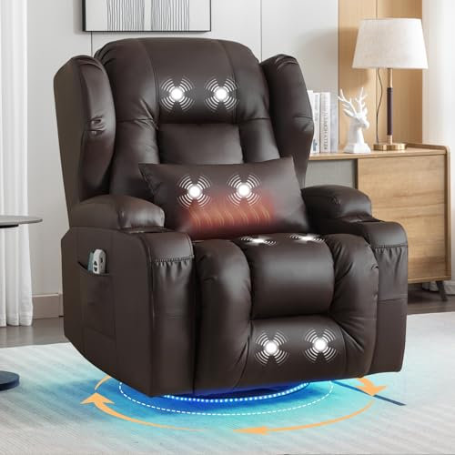 SAMERY Relaxsessel Elektrisch mit Massage & Heizung, Kunstleder Fernsehsessel mit Liegefunktion, 270° Drehbar & 30° Wippbar, USB/LED/Typ-C – Kinosessel TV Sessel Sofa Chair für Wohnzimmer (1, Braun)