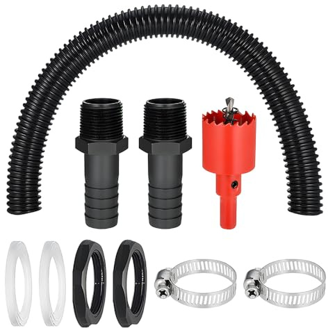 Water Butt Connector Kit, 1m Flexible Connection Hose, 2PCS Water Butt Connection 25mm, 2 Rubber Seal 2 Hose Clamps, Rain Butt Connector for Rainwater Barrels