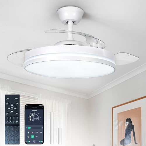Depuley Ventiladores de techo retráctiles con luces: Ventilador de techo Fandelier de 42 pulgadas Control mediante aplicación - Ventilador blanco regulable con aspas invisibles y reversible para salón