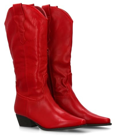 Stivale campero con incisione in Cana, tacco quadrato basso, chiusura a zip. Collezione Otono Inverno 2023, rosso, 39 EU