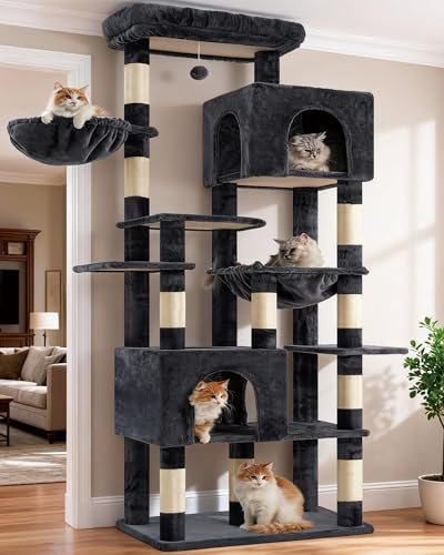 Heybly Cat Tree, 193cm Tall Heavy Duty Cat Tower for Big Cats with Extra Wide Baseboard, Multi-Level Large Cat Furniture with 2 Condos & 2 Hammocks, 10 Scratching Posts, Smoky Gray HCT039G