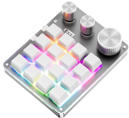 Plyisty Makro-Pad, Makro-Tastatur, Programmierbares Tastenfeld, 16 Tasten, 3 Drehregler, Lautstärkeregler, Type C-Kabel, Einhand-Tastatur Für Gaming (White)