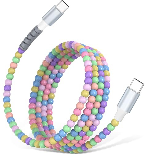 AIAUXAI USB C to USB C Cable 1M Beaded Phone Charger 60W Fast Charging Cord | Cute Beaded Car Charger&Carplay Cord for iPhone 17 16 Pro Max 15/iPad Air 11 A16/Samsung S26 S25 S24/Pixel Women Girl,Macaron