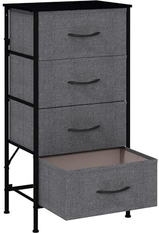 KU Syang Dresser with 4 Drawers - Fabric Chest of Drawers with Large Storage Space, Modern Tall Tower Unit Storage Organiser for Living Room/Bedroom, Wooden Top and Metal Frame (Deep Grey)