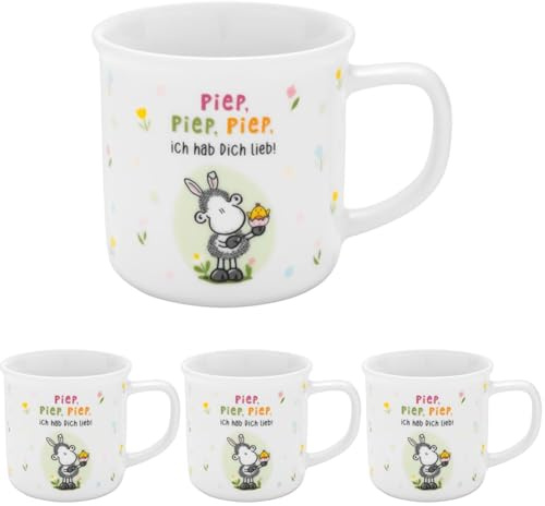 Sheepworld Tasse mit Motiv Piep | Kaffeetasse, Porzellan, 35 cl, Tasse mit Spruch, verpackt in Geschenk-Banderole | Geschenk Ostern, Osternest, Osterdeko | 70262 (Packung mit 4)