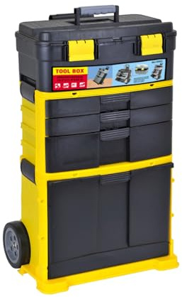 SwitZer 3-in-1 Rolling Stackable Toolbox with Wheels, Telescopic Pull Handle, Top Lift-Up Compartment, Three Drawers & Bottom Tilting Bin, Black & Yellow, Garage Workshop Home DIY