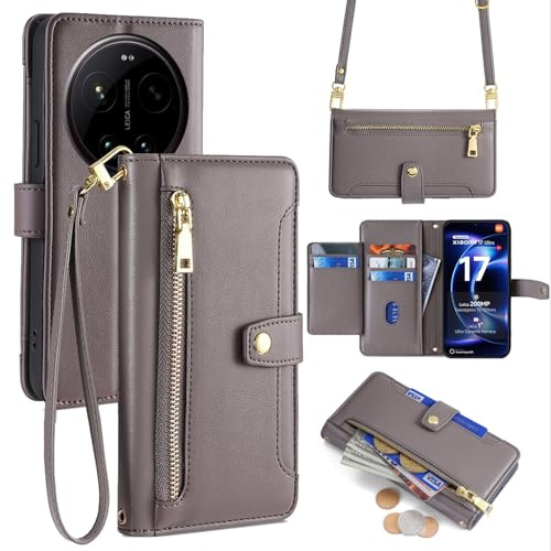 betterfon Handyhülle mit Portemonnaie für Xiaomi 17 Ultra - Tasche mit Reißverschluss, 5 Kartenfächer und 2 abnehmbare Ketten, Grau
