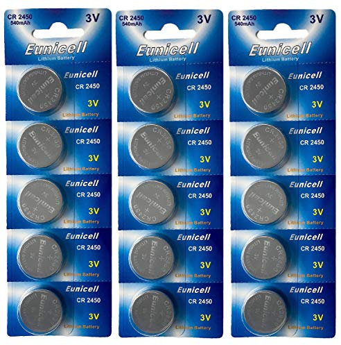 Eunicell - 15 pile a bottone agli ioni di litio CR2450, 3 V, 540 mAh, 3 blister da 5 pile ciascuno, monouso