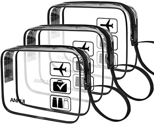 ANRUI 3 Stück TSA-zugelassen Durchsichtige Reise-Kulturtasche, Kulturbeutel Transparent Handgepäck zum Transport von Flüssigkeiten, Kosmetiktasche Toilettentasche für Damen Herren, Schwarz