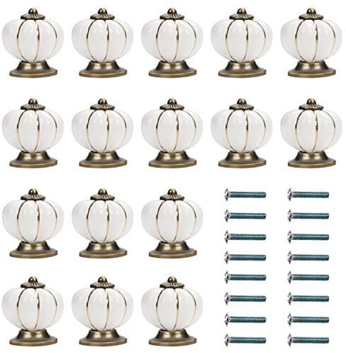 Kurtzy Schrankgriffe Vintage Weiß & Gold Kürbis Keramik Möbelknauf Vintage mit Schrauben (16er Pack) 3,6 x 3,9 cm - Runde Möbelknöpfe Vintage Griffe für Büro Möbel, Küchenschrank, Schubladen Knöpfe