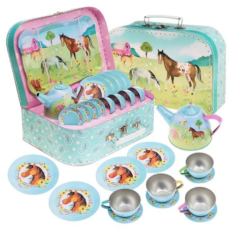 Jewelkeeper - Kinderspiel Zinn Teeservice & Tragetasche, Kindergeschirr Spielküche, 15-teilig - Pferdedesign