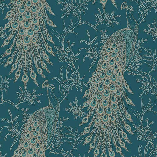 Peacock Wallpaper Teal Gold Metallic Feather Floral Textured Vinyl Birds from YöL