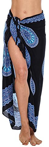 SHU-SHI - Damen Sarong mit Kokosnuss-Verschluss - zum Überziehen am Strand - Blumenmotiv - Schwarz/Türkis