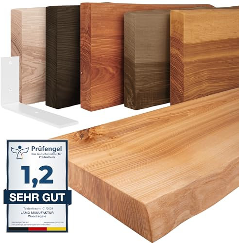 LAMO Manufaktur Wandregal Holz Baumkante | Regal Farbe: Natur | mit weißem Basic Regalträger | 60 cm
