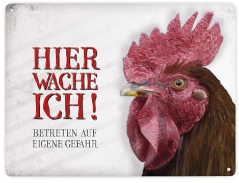 Betreten auf eigene Gefahr - Hier wache ich! Metallschild XXL mit Hahn Motiv