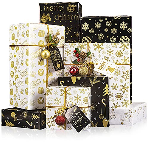 TOPTIME Christmas Wrapping Paper with Christmas Stickers,Gift Wrapping Paper Black and White Hot Stamping Wrapping Paper, Perfect for Xmas New Year-Gold Stamping Snowflake Gift Box, 6 PCS,70x50CM