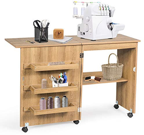 RELAX4LIFE Mesa de Costura Plegable con 5 Ruedas, 4 Estantes de Almacenamiento y Frenos, Mesa para Máquina de Coser de MDF, Mesa Multifuncional para Salón, Dormitorio, 118,5x40x79,5cm (Natural)