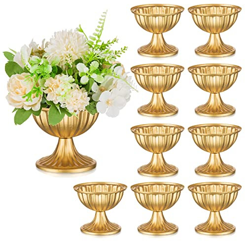 Sziqiqi Vase Mariage Doré: 9.5 cm Haut Vase Urne Centre de Table Lot of 10 - Metal Pots Or pour Fleur Arrangement pour Fete Anniversaire Bapteme Reception