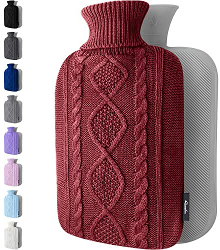 Wärmflasche mit Bezug – Weicher Premium Strickbezug – 1,8l groß Wärmeflasche, Wärmflasche Kinder, Bettflasche für Erwachsene für Kuschelige Nächte und Schmerzlinderung - Burgund