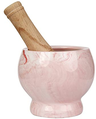 Mortar and Pestle Set- Ceramic Kitchen Mortar and Pestle for Spices, Herbs & More- Durable Mortar with Anti-Slip Base and Sturdy Wooden Pestle with Finest Grinding Ability- 2.6 Cups Capacity