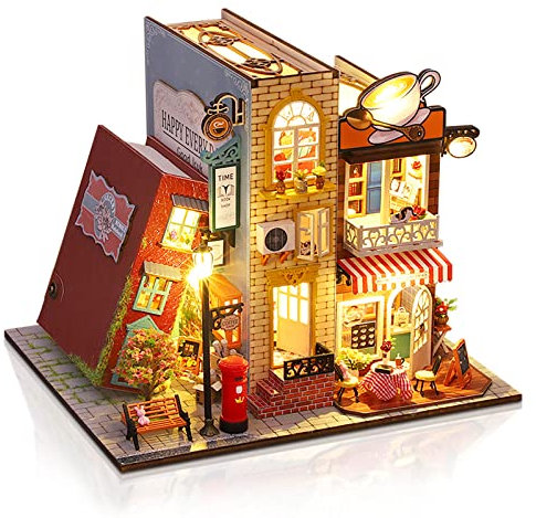 Cuteefun Miniature Maison de Poupee, Serre-Livres en Bois Ainsi avec Boîte à Musique, 3D Puzzle Adulte, Un Cadeau d'anniversaire (Livre et Café)