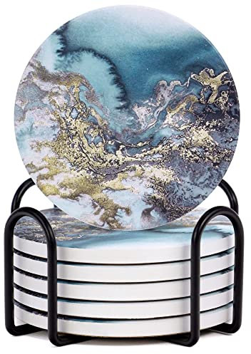 Wylhxyqq Coaster, 6 Pcs Dessous de Verre en Céramique Absorbante avec Support en Liège, Ronde, Blue Gold