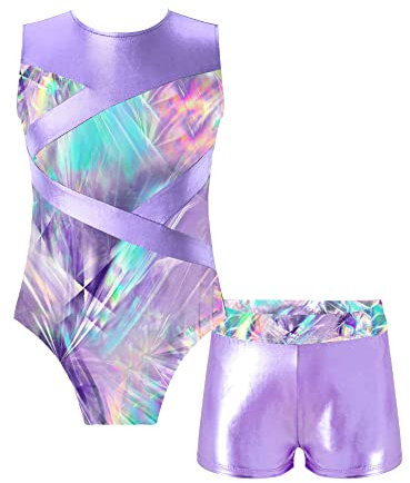 iEFiEL Mädchen Glitzer Turnanzug Ärmellose Leotards Rückenfrei Ballettanzug mit Strass Ballettkleidung Gymnastikbody Tanzkostüm Uc Lavender 122-128
