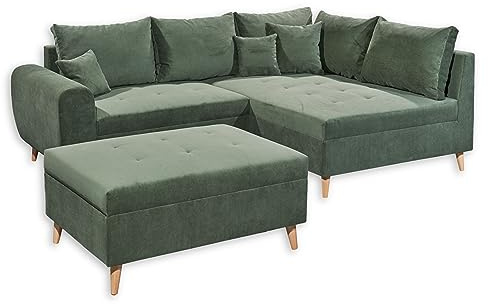 Stella Trading CALANDA Ecksofa mit Hocker, Stoffbezug Moosgrün - Moderne Eckcouch mit Kissen & Massivholz Füßen - 249 x 94 x 175 cm (B/H/T)
