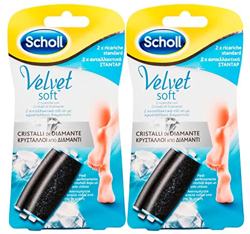 Scholl Velvet Soft Testine di Ricambio Rotanti per Roll Velvet Smooth con Cristalli di Diamante Ideali per Pelle Indurita dei Piedi e Calli - 2 Confezioni da 2 Testine
