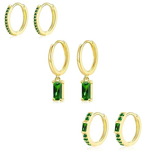 Sterling Silver Hoop Earrings for Women, 3 Pairs Small Gold Huggie Hoop Earrings Set | Hypoallergenic Emerald Cubic Zirconia Baguette Drop Dangle Cartilage Earrings Fashion Jewellery Girls Gifts