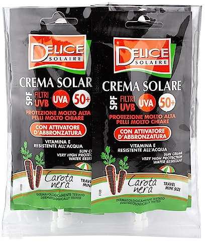 Delice Solaire Sonnencreme Mini Size, sehr hoher Schutz SPF50+, mit Aktivator zur Bräunung, schwarze Karotte, wasserfest, dermatologisch getestet – 6 Beutel x 50 ml
