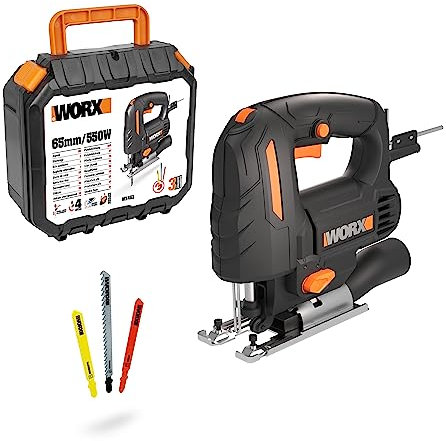 WORX WX463 550W Jigsaw,3 in one, Tool-Less Blade Change,4 Position Pendulum,Straight&Bevel&curvilinear Cutting, LED Light, Compact, Blade&Spanner&dust Tube