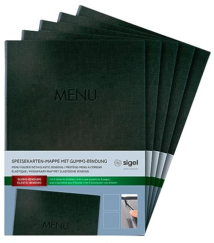 SIGEL Speisekartenmappe A4 mit Gummibindung 5er Pack Anthrazit | SM206/5, Strapazierfähige Oberfläche mit eleganter Leinenoptik