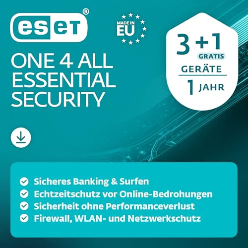 ESET One 4 All Essential Security | 4 Geräte (3 + 1 gratis) | 1 Jahr Virenschutz, Firewall, Sicheres Banking & Surfen | Aktivierungsschlüssel per E-Mail