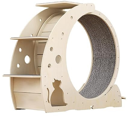Katzenlaufrad Luxus-Katzenlaufrad for Hauskatzen, Katzenlaufband Aus Massivem Holz, Katzenlaufrad Mit Katzenklettergerüst Und Katzenbecken, Einfach Zu Montieren