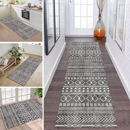 ZDYHMrj Marokko Läufer Teppich Lang Flur rutschfest Waschbar Küche Korridor Teppichläufer Schwarz Grau Weiß 40X120CM Lange Teppichmatten Küchenläufer Wohnzimmer Kinderzimmer Küchenteppich Meterware
