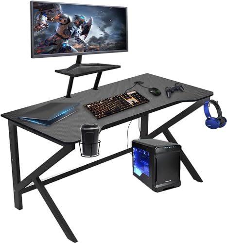 nwixbqoqn Bureau Gaming 100x55cm, Bureau Gamer avec Support d'Écran, Table Gaming en Fibre de Carbone avec Crochet pour écouteurs et Porte Gobelet, PC Gamer Table Ergonomique pour Travailler, Noir