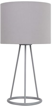 firstchoicelighting Modern Tripod Style Table Light or Bedroom Bedside Lamp, Silver Base with Ring Detail, Grey Fabric Shade, Height 38 cm