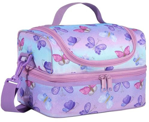 Kasgo Lunch Bag for Kids, Cute Insulated Lunch Box Bag for Boys and Girls Dual Compartments Cooler Bag with Detachable Adjustable Shoulder Strap, Butterflies