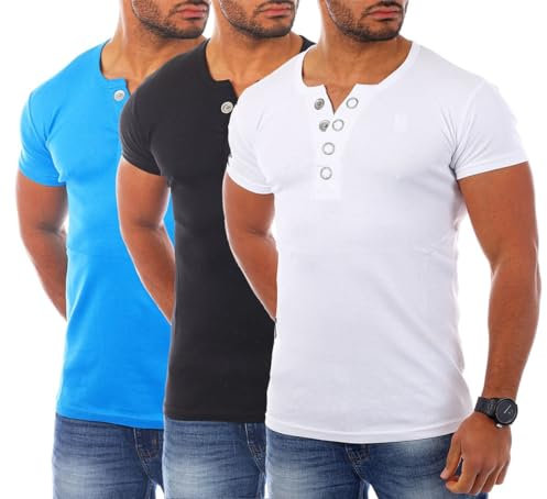 Young & Rich Herren Uni feinripp T-Shirt mit Knopfleiste Big Buttons große Knöpfe 1872, Grösse:S, Farbe:Weiß/Schwarz/Türkis (3er Pack)