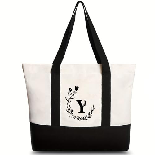 Jarsense Bolsa de lona con inicial bordada, bolsa impresa con letras florales personalizadas para mujeres/hombres, bolsa de playa de lona reutilizable para uso diario, viajes, comestibles, picnic (Y),
