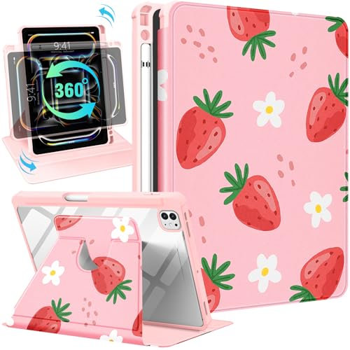 Pegmode for iPad Pro 13 Inch Case 2024 M4 - Women Cute Girls Strawberry Flower Folio Cover Girly Aesthetic Unique Fashion Teens Design With Pencil Holder Rotating Stand Cover for iPad Pro 13 2024 Case