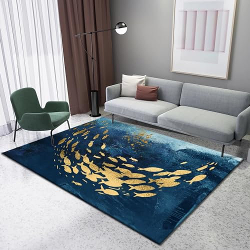 Tzvpsu Küchen teppiche läufer Kitchen Fleckenbeständig Waschbar Blau Gold Fisch Design Teppich,kinder Teppich Rutschfester Teppich,200x300cm