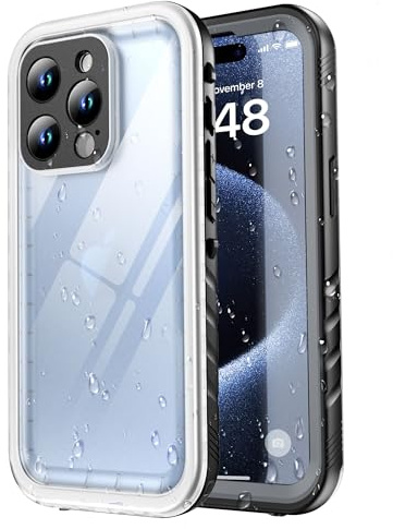 SPORTLINK für iPhone 15 Pro wasserdichte Hülle 360 Grad, Schwarz/transp | Outdoor Handyhülle mit Kameraschutz und Displayschutz, militärischer stoßfester Panzerhülle, IP68 waterproof & staubschutz